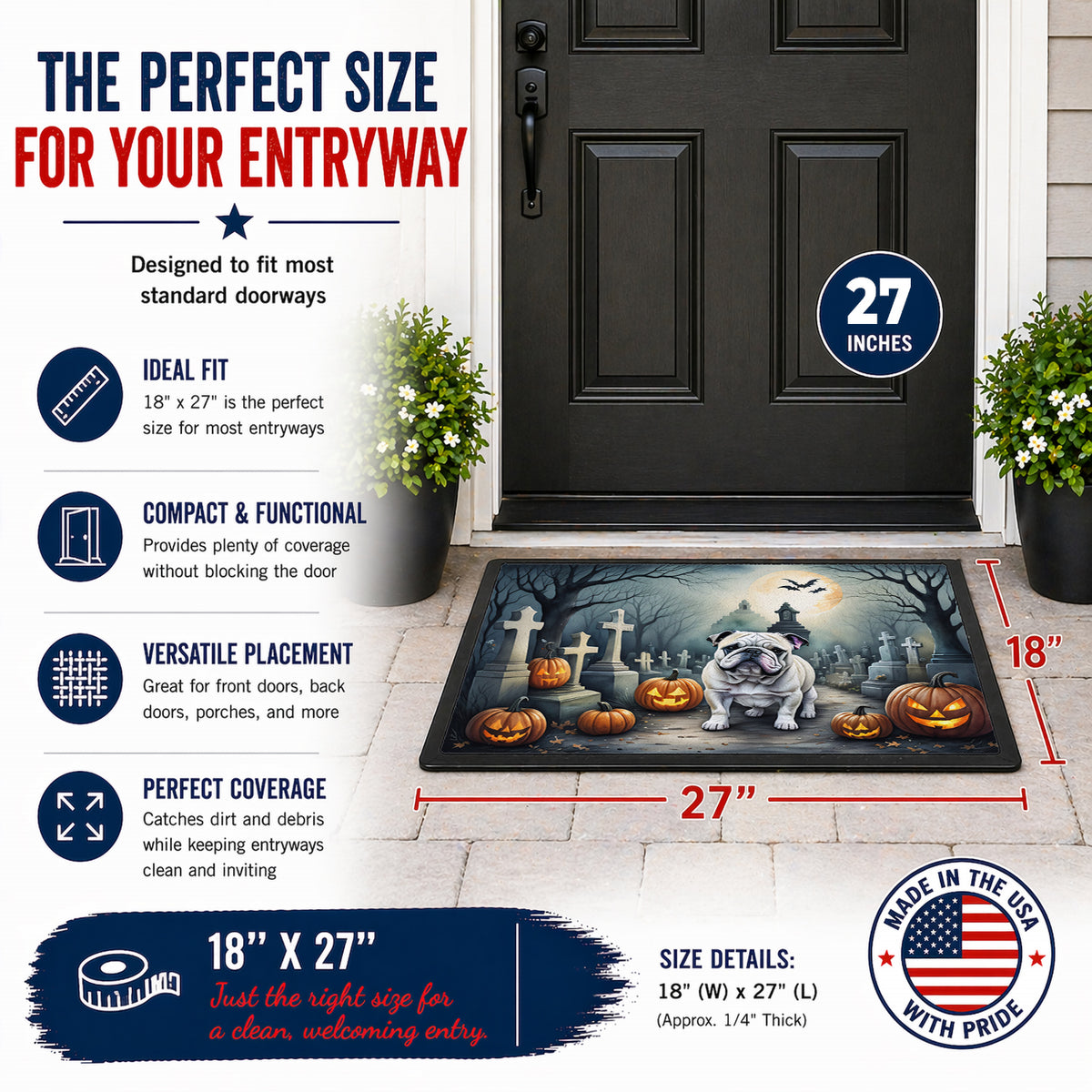 Caroline's Treasures DAC2039MAT English Bulldog Spooky Halloween Doormat 18x27 Front Door Mat Indoor Outdoor Rugs for Entryway, Non Slip Washable Low Pile, 18H X 27W