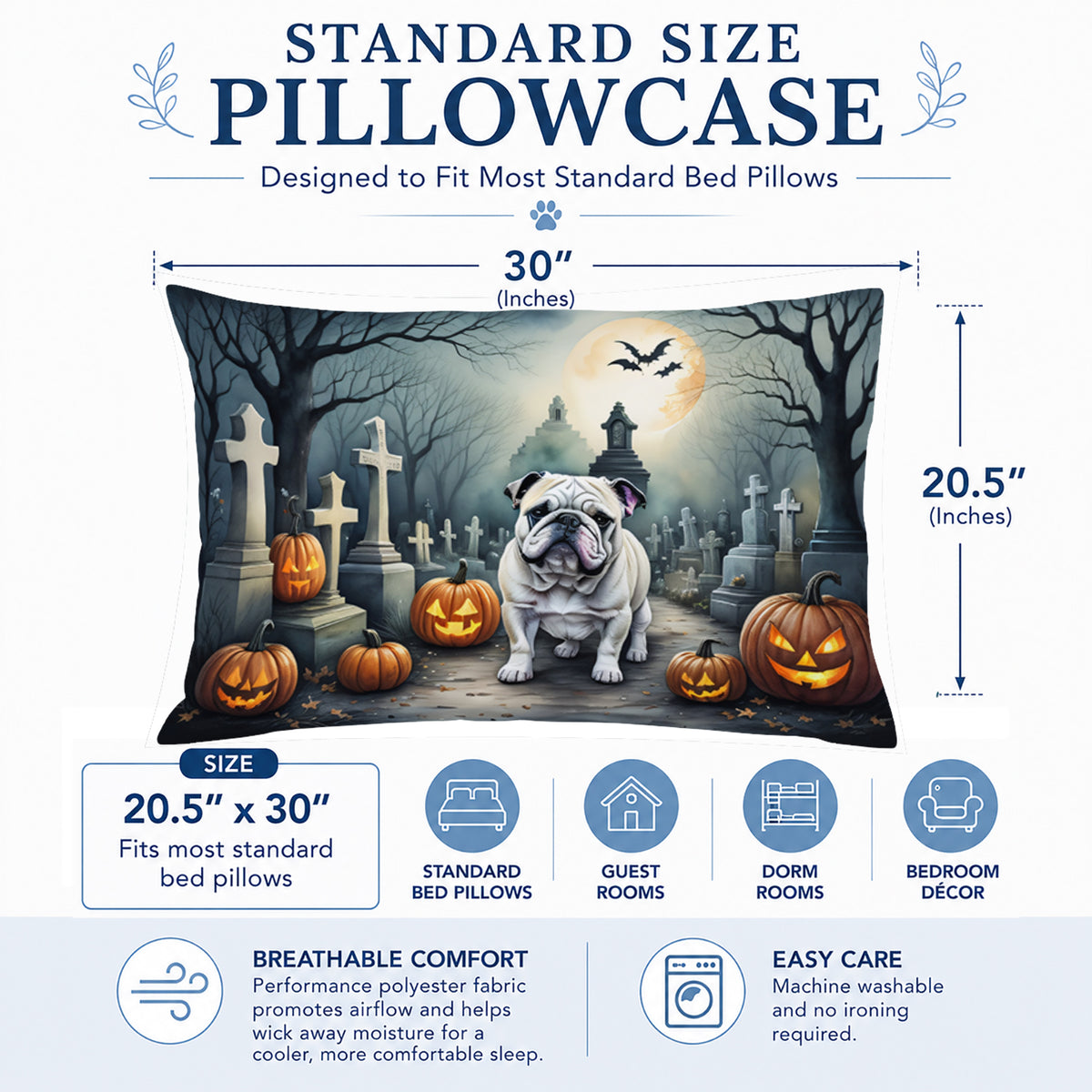 Caroline's Treasures DAC2039PILLOWCASE English Bulldog Spooky Halloween Fabric Standard Pillowcase Lightweight Super Soft Easy Care Decorative Artwork Pillowcase, Standard