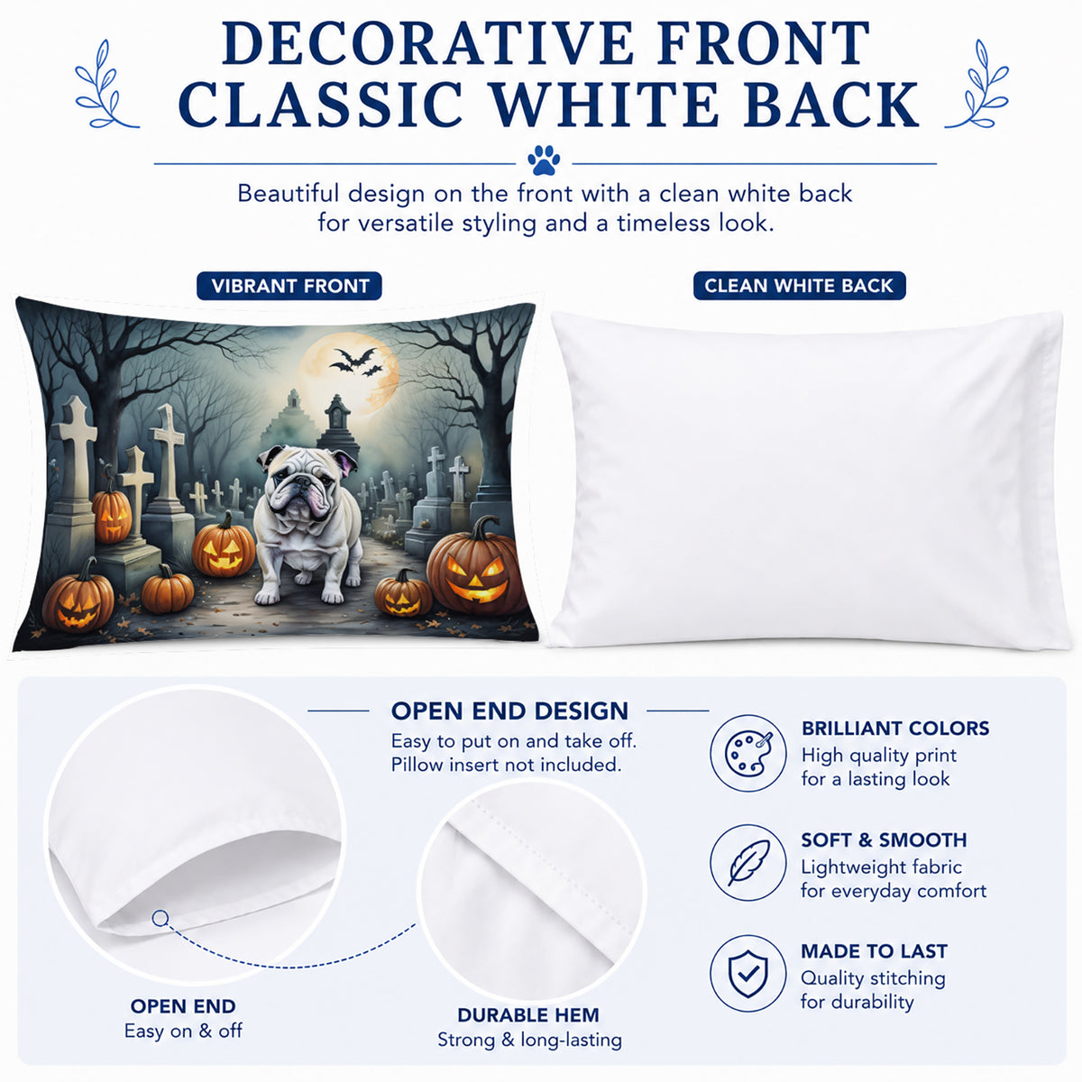 Caroline's Treasures DAC2039PILLOWCASE English Bulldog Spooky Halloween Fabric Standard Pillowcase Lightweight Super Soft Easy Care Decorative Artwork Pillowcase, Standard