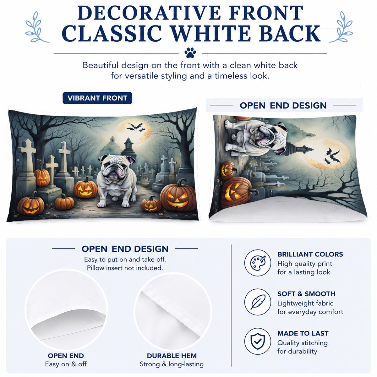 Caroline's Treasures DAC2039PILLOWCASE English Bulldog Spooky Halloween Fabric Standard Pillowcase Lightweight Super Soft Easy Care Decorative Artwork Pillowcase, Standard