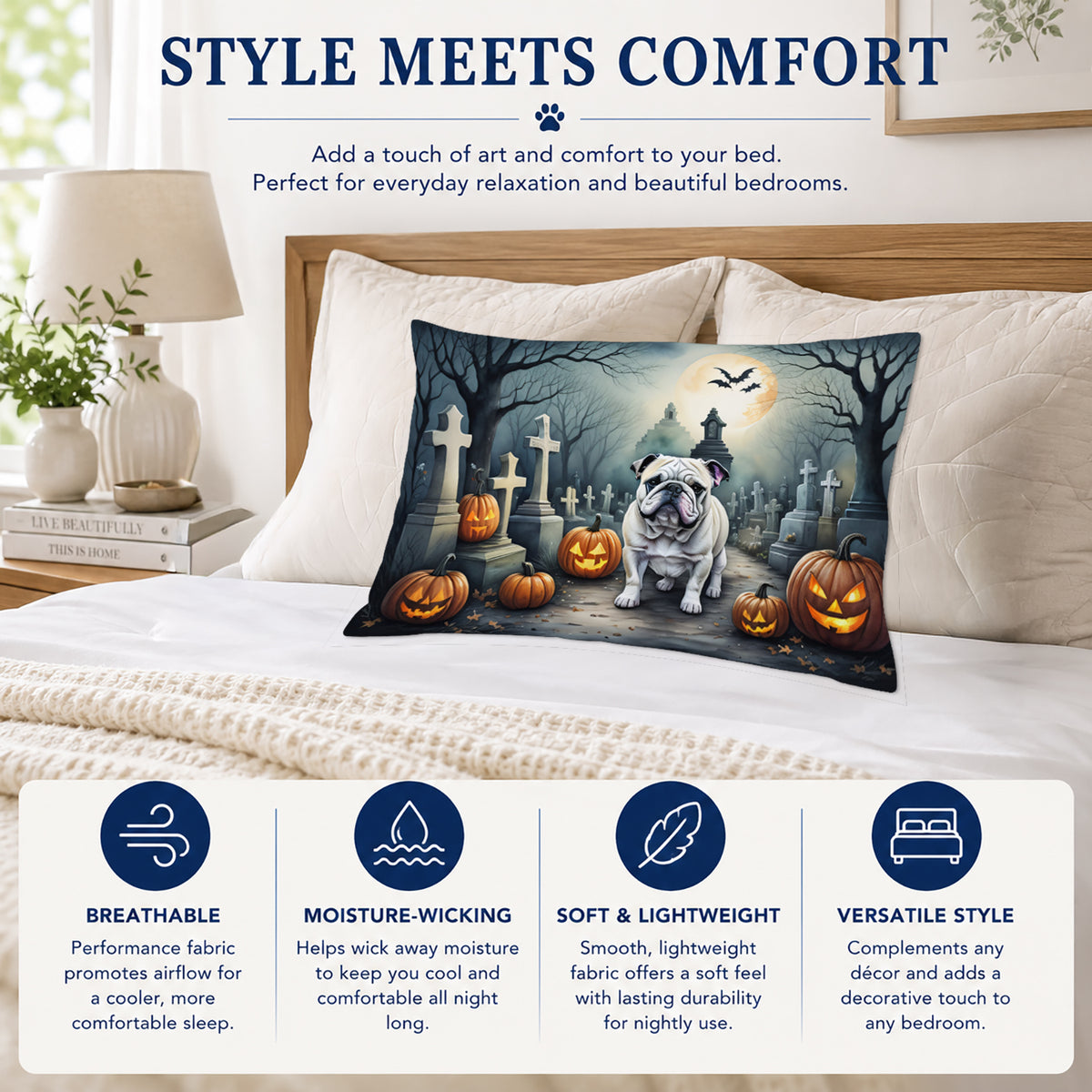 Caroline's Treasures DAC2039PILLOWCASE English Bulldog Spooky Halloween Fabric Standard Pillowcase Lightweight Super Soft Easy Care Decorative Artwork Pillowcase, Standard