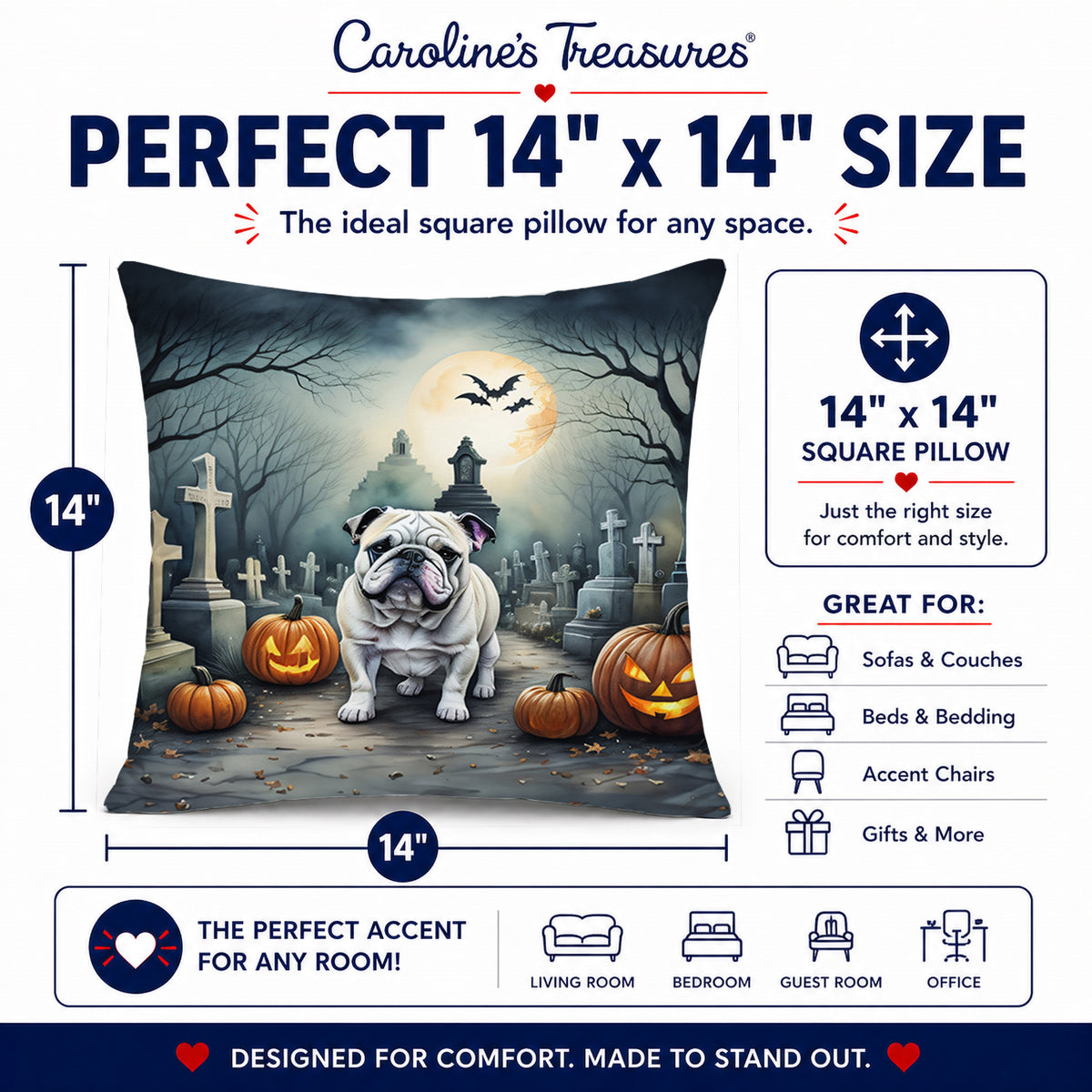Caroline's Treasures DAC2039PW1414 English Bulldog Spooky Halloween Fabric Decorative Pillow Machine Washable, Indoor Outdoor Decorative Pillow for Couch, Bed or Patio, 14Hx14W
