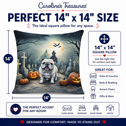 Caroline's Treasures DAC2039PW1414 English Bulldog Spooky Halloween Fabric Decorative Pillow Machine Washable, Indoor Outdoor Decorative Pillow for Couch, Bed or Patio, 14Hx14W