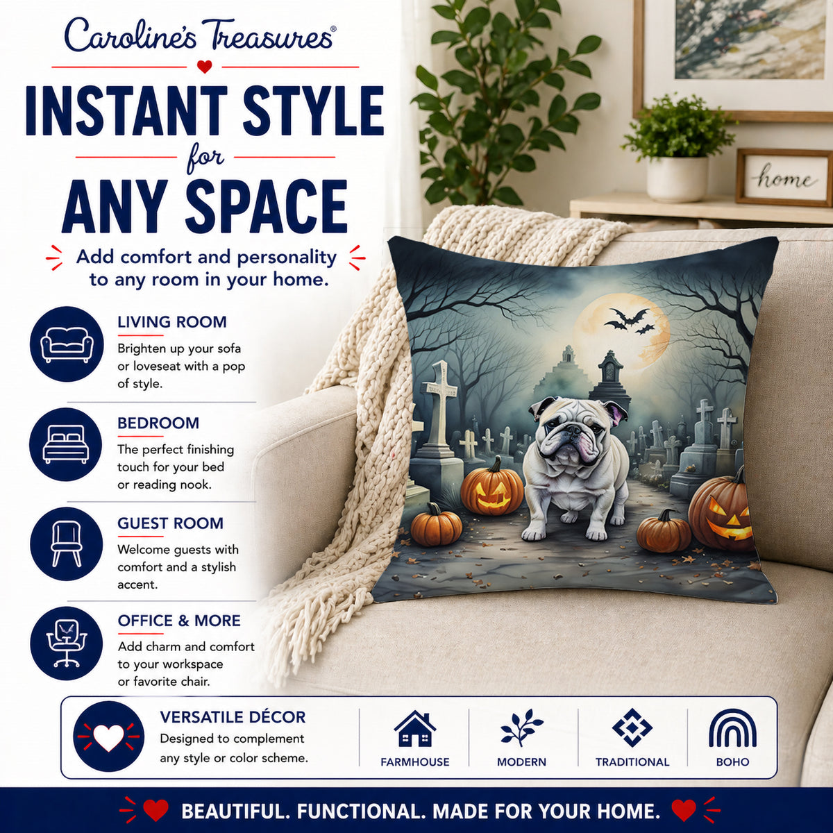 Caroline's Treasures DAC2039PW1414 English Bulldog Spooky Halloween Fabric Decorative Pillow Machine Washable, Indoor Outdoor Decorative Pillow for Couch, Bed or Patio, 14Hx14W