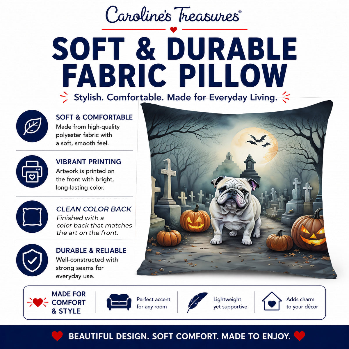 Caroline's Treasures DAC2039PW1818 English Bulldog Spooky Halloween Fabric Decorative Pillow Machine Washable, Indoor Outdoor Decorative Pillow for Couch, Bed or Patio, 18Hx18W