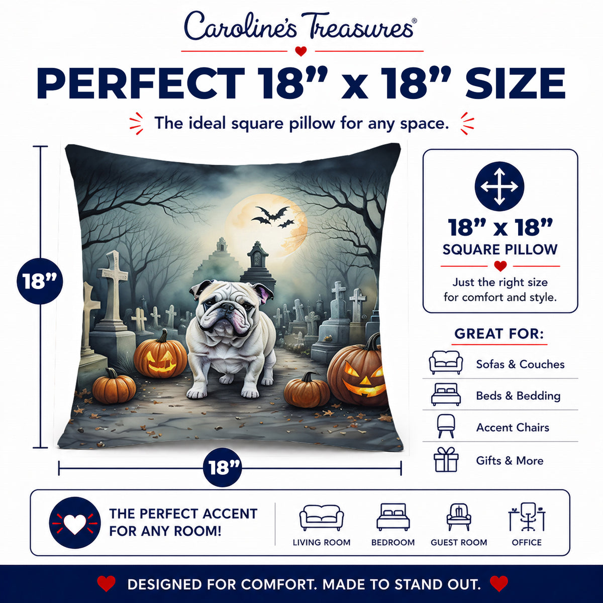 Caroline's Treasures DAC2039PW1818 English Bulldog Spooky Halloween Fabric Decorative Pillow Machine Washable, Indoor Outdoor Decorative Pillow for Couch, Bed or Patio, 18Hx18W