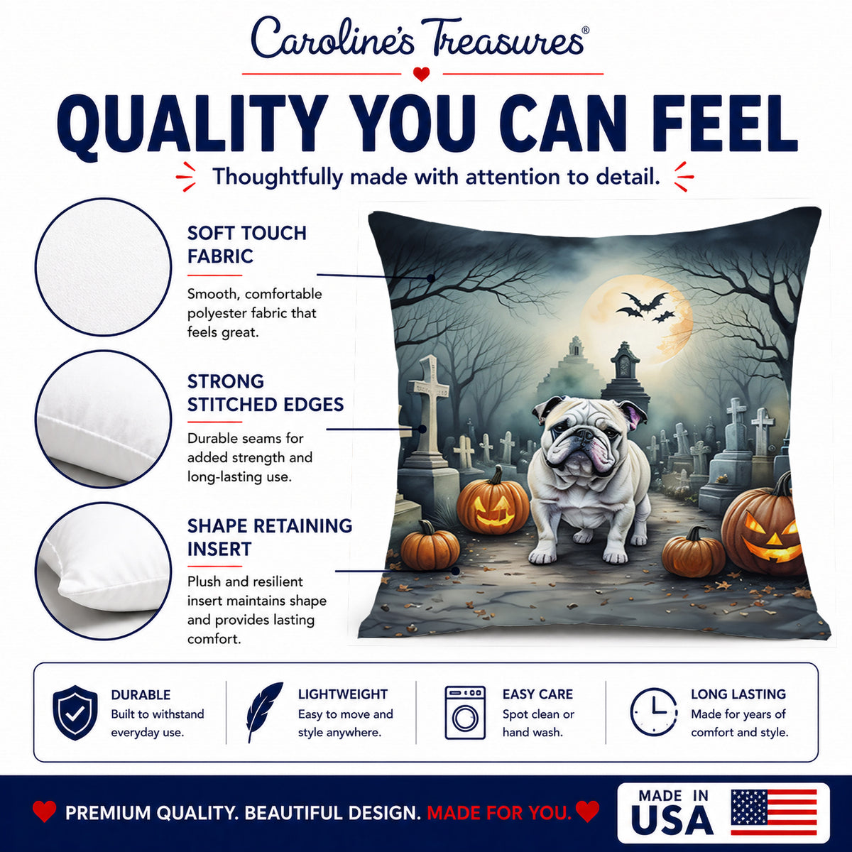 Caroline's Treasures DAC2039PW1818 English Bulldog Spooky Halloween Fabric Decorative Pillow Machine Washable, Indoor Outdoor Decorative Pillow for Couch, Bed or Patio, 18Hx18W