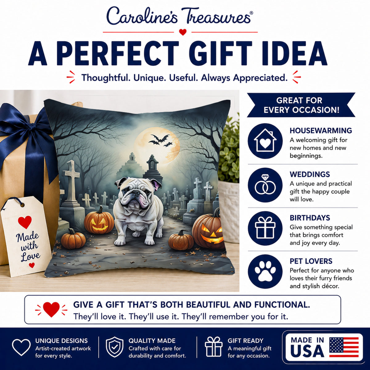 Caroline's Treasures DAC2039PW1818 English Bulldog Spooky Halloween Fabric Decorative Pillow Machine Washable, Indoor Outdoor Decorative Pillow for Couch, Bed or Patio, 18Hx18W