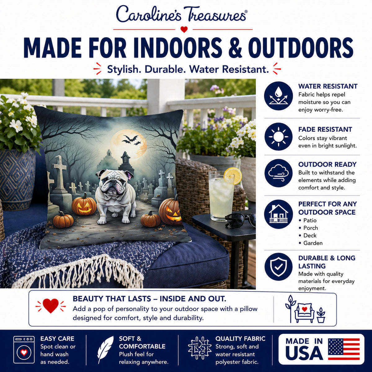 Caroline's Treasures DAC2039PW1818 English Bulldog Spooky Halloween Fabric Decorative Pillow Machine Washable, Indoor Outdoor Decorative Pillow for Couch, Bed or Patio, 18Hx18W
