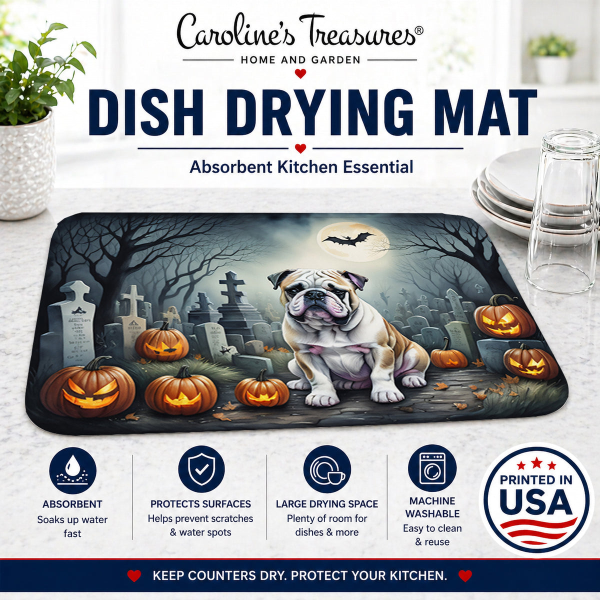 Caroline's Treasures DAC2040DDM English Bulldog Spooky Halloween Dish Drying Mat Absorbent Dish Drying Mat Pad for Kitchen Counter Dish Drainer Mat for Countertop, 14 x 21, Multicolor