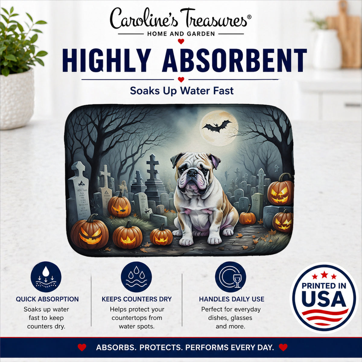 Caroline's Treasures DAC2040DDM English Bulldog Spooky Halloween Dish Drying Mat Absorbent Dish Drying Mat Pad for Kitchen Counter Dish Drainer Mat for Countertop, 14 x 21, Multicolor