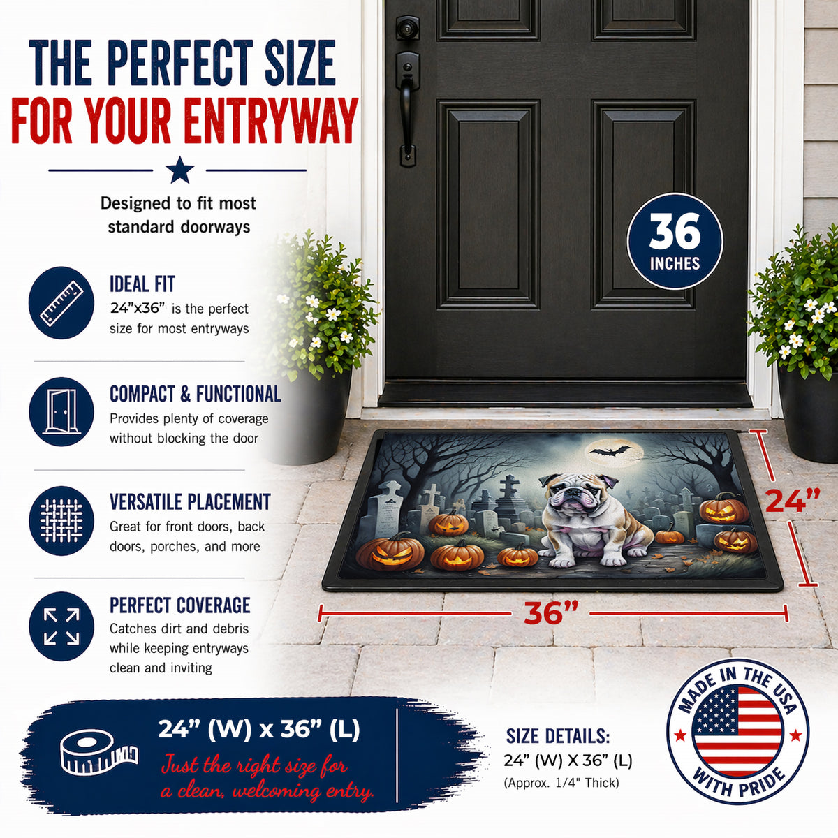 Caroline's Treasures DAC2040JMAT English Bulldog Spooky Halloween Indoor or Outdoor Mat 24x36 Front Door Mat Indoor Outdoor Rugs for Entryway, Non Slip Washable Low Pile, 24H X 36W