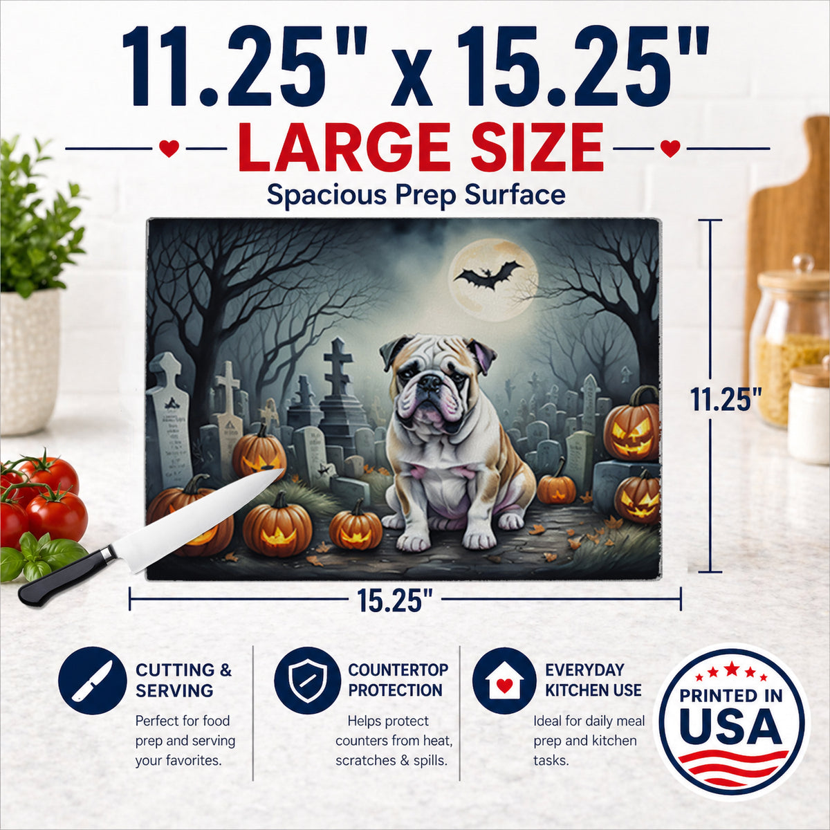 Caroline's Treasures DAC2040LCB English Bulldog Spooky Halloween Glass Cutting Board Large Decorative Tempered Glass Kitchen Cutting and Serving Board Large Size Chopping Board