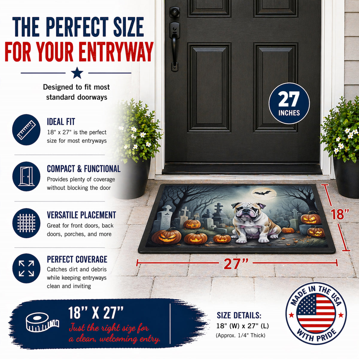 Caroline's Treasures DAC2040MAT English Bulldog Spooky Halloween Doormat 18x27 Front Door Mat Indoor Outdoor Rugs for Entryway, Non Slip Washable Low Pile, 18H X 27W