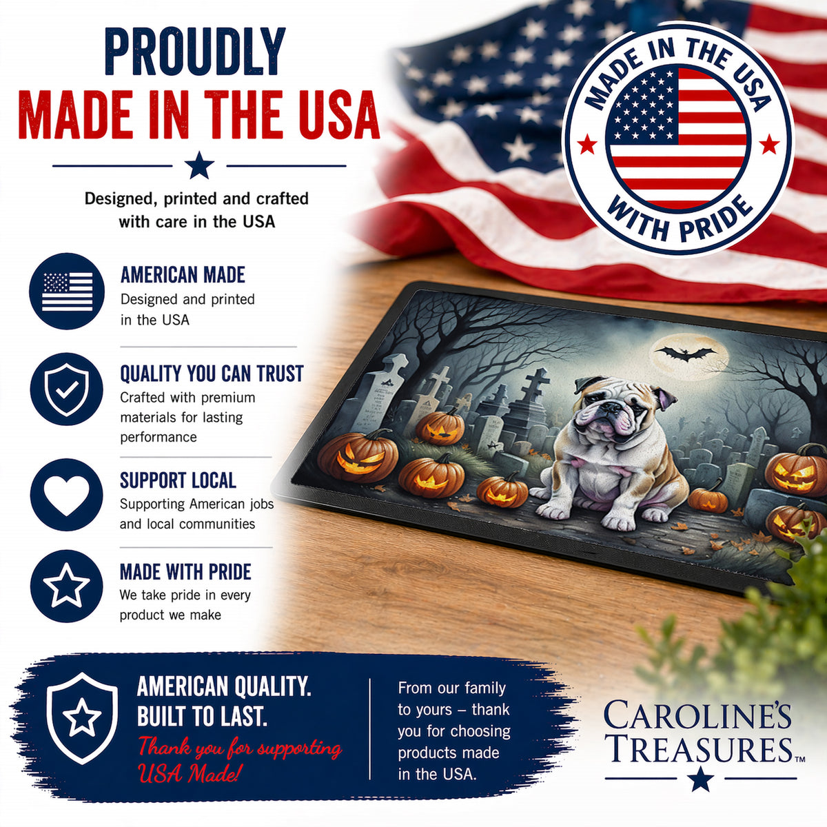 Caroline's Treasures DAC2040MAT English Bulldog Spooky Halloween Doormat 18x27 Front Door Mat Indoor Outdoor Rugs for Entryway, Non Slip Washable Low Pile, 18H X 27W
