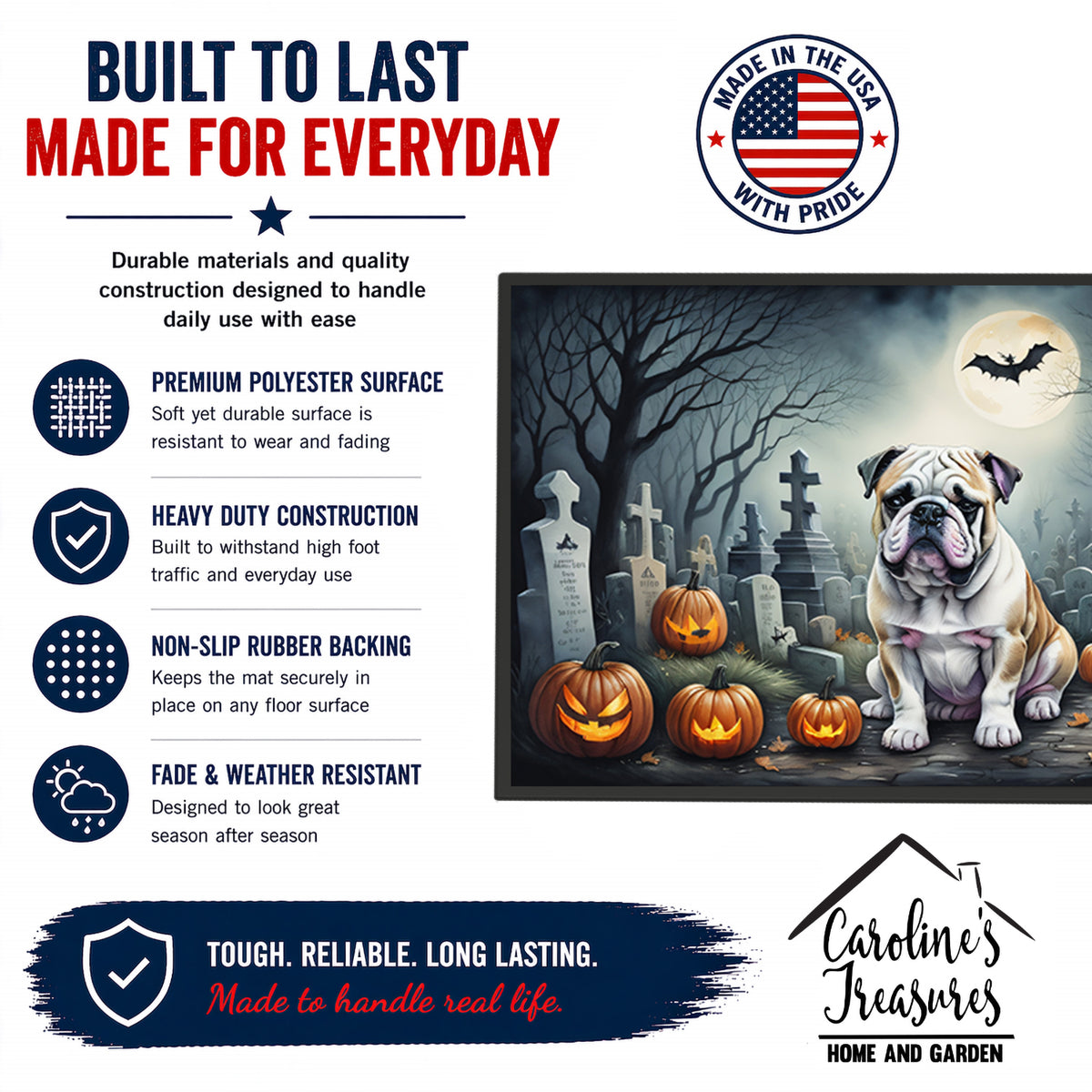 Caroline's Treasures DAC2040MAT English Bulldog Spooky Halloween Doormat 18x27 Front Door Mat Indoor Outdoor Rugs for Entryway, Non Slip Washable Low Pile, 18H X 27W