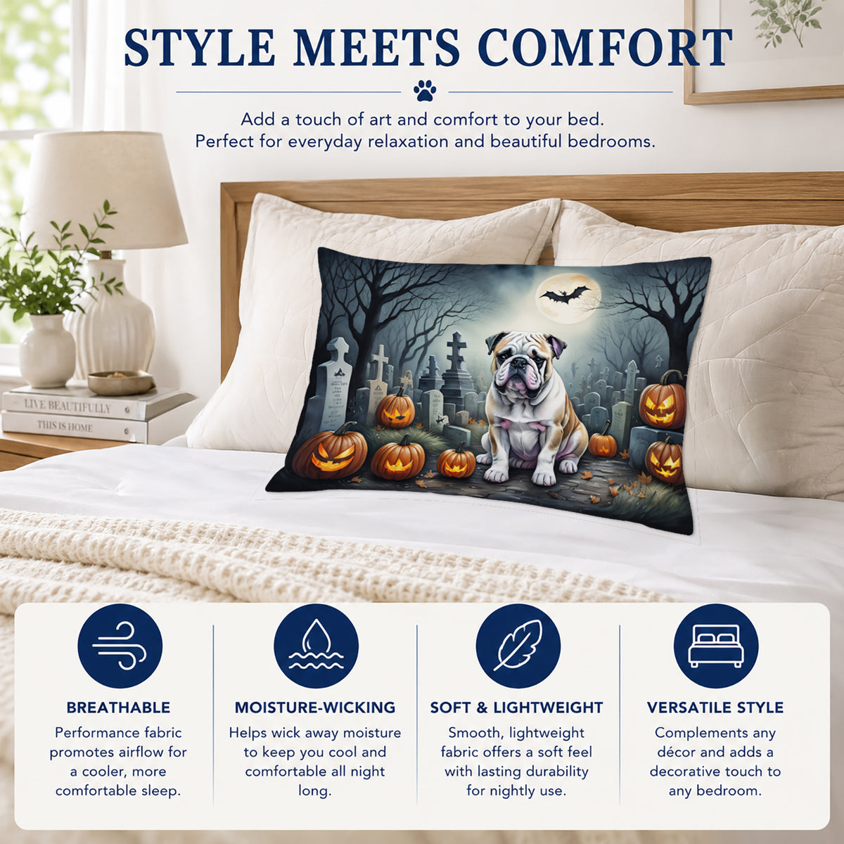 Caroline's Treasures DAC2040PILLOWCASE English Bulldog Spooky Halloween Fabric Standard Pillowcase Lightweight Super Soft Easy Care Decorative Artwork Pillowcase, Standard