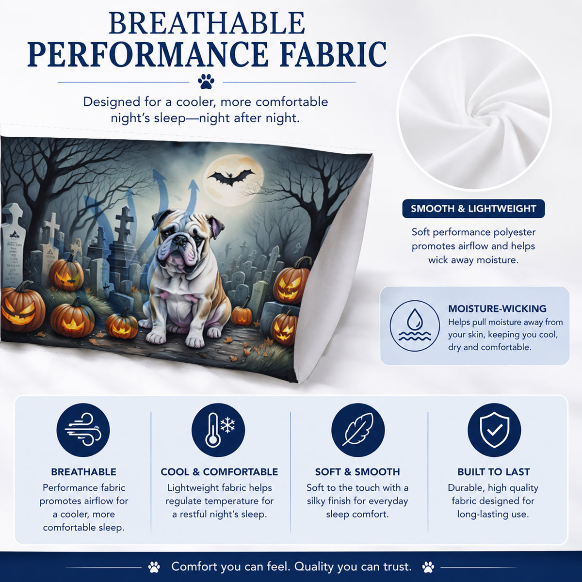 Caroline's Treasures DAC2040PILLOWCASE English Bulldog Spooky Halloween Fabric Standard Pillowcase Lightweight Super Soft Easy Care Decorative Artwork Pillowcase, Standard
