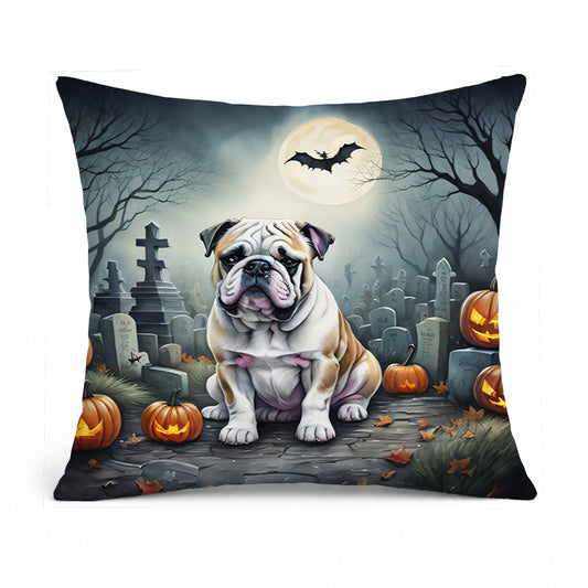 Caroline's Treasures DAC2040PW1414 English Bulldog Spooky Halloween Fabric Decorative Pillow Machine Washable, Indoor Outdoor Decorative Pillow for Couch, Bed or Patio, 14Hx14W
