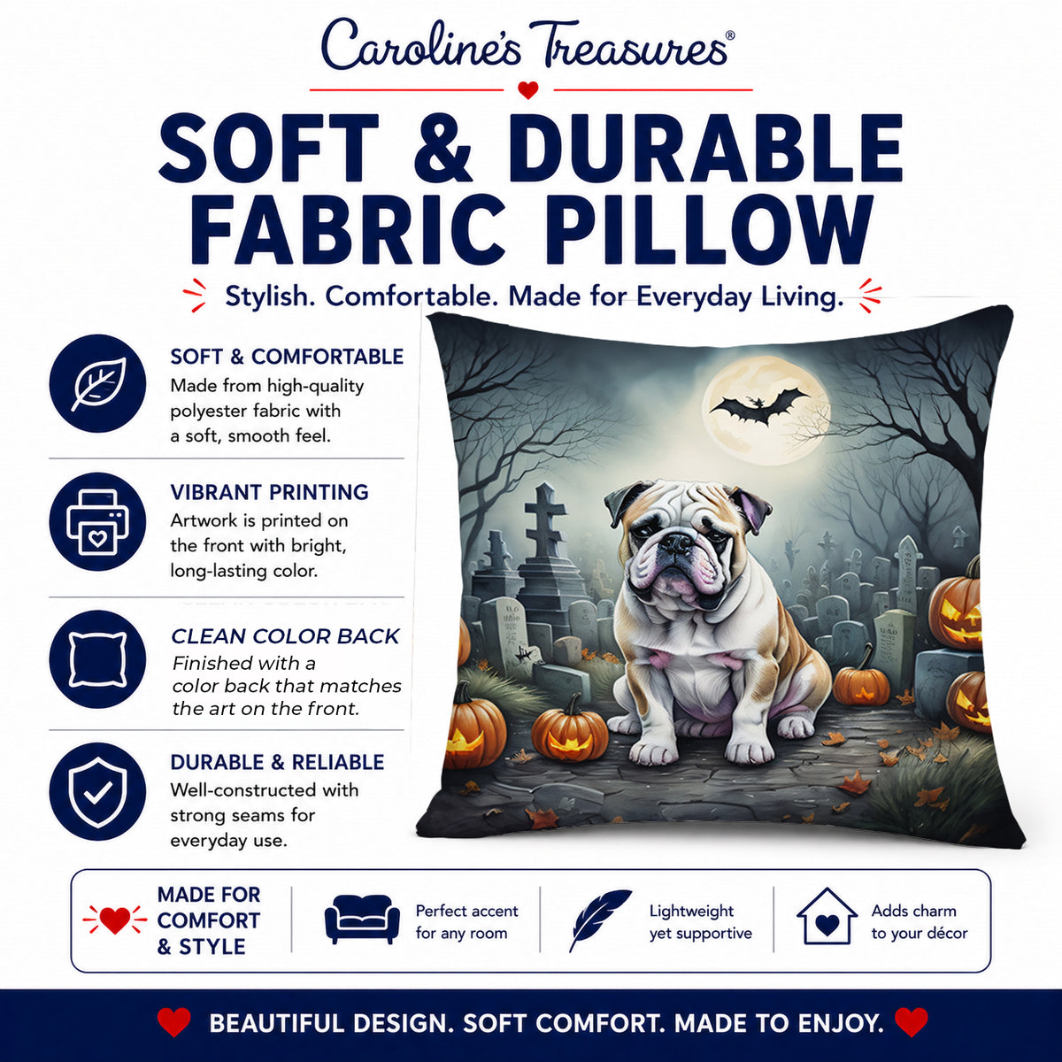 Caroline's Treasures DAC2040PW1414 English Bulldog Spooky Halloween Fabric Decorative Pillow Machine Washable, Indoor Outdoor Decorative Pillow for Couch, Bed or Patio, 14Hx14W
