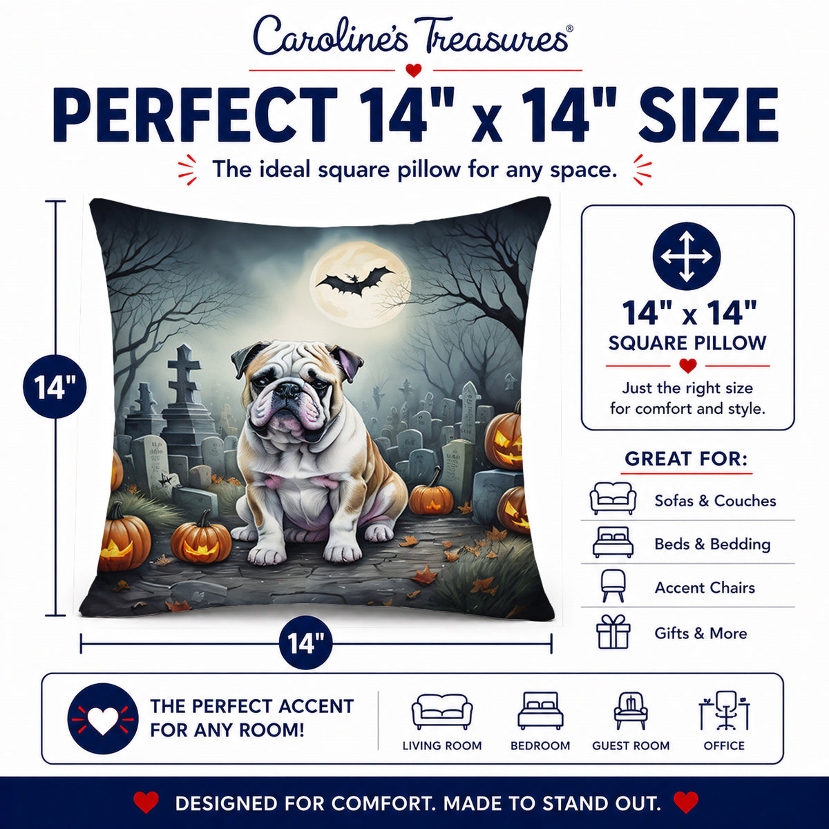 Caroline's Treasures DAC2040PW1414 English Bulldog Spooky Halloween Fabric Decorative Pillow Machine Washable, Indoor Outdoor Decorative Pillow for Couch, Bed or Patio, 14Hx14W