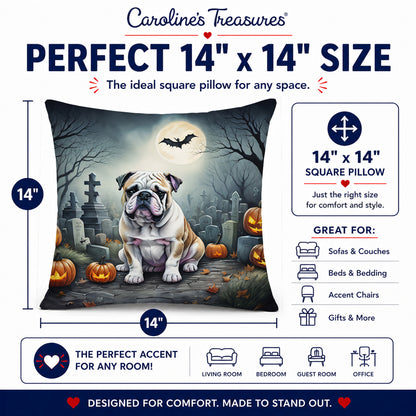 Caroline's Treasures DAC2040PW1414 English Bulldog Spooky Halloween Fabric Decorative Pillow Machine Washable, Indoor Outdoor Decorative Pillow for Couch, Bed or Patio, 14Hx14W