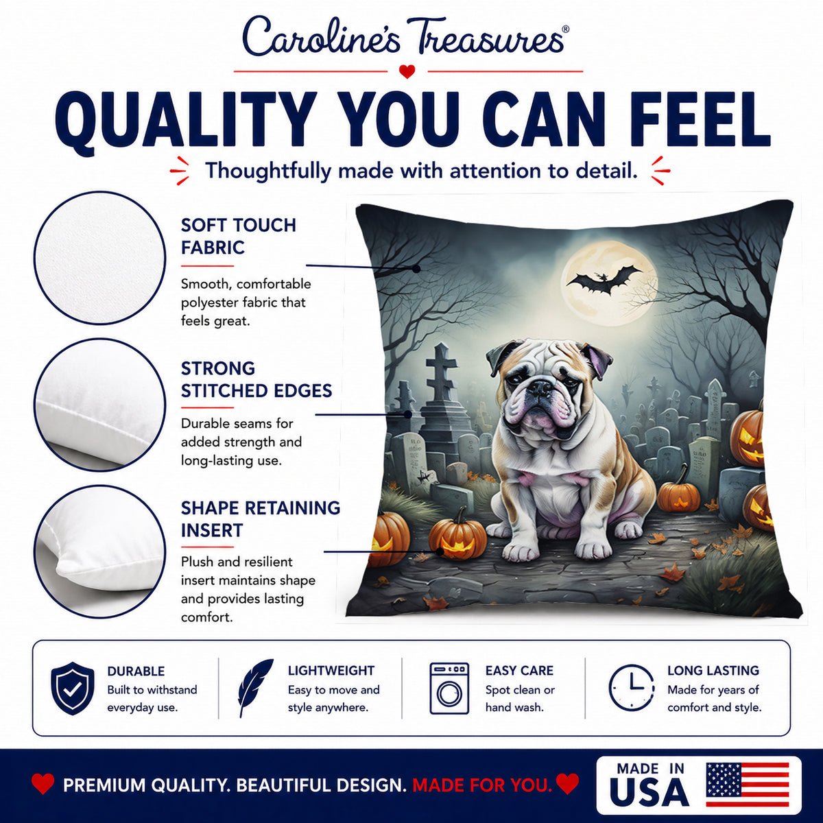 Caroline's Treasures DAC2040PW1414 English Bulldog Spooky Halloween Fabric Decorative Pillow Machine Washable, Indoor Outdoor Decorative Pillow for Couch, Bed or Patio, 14Hx14W