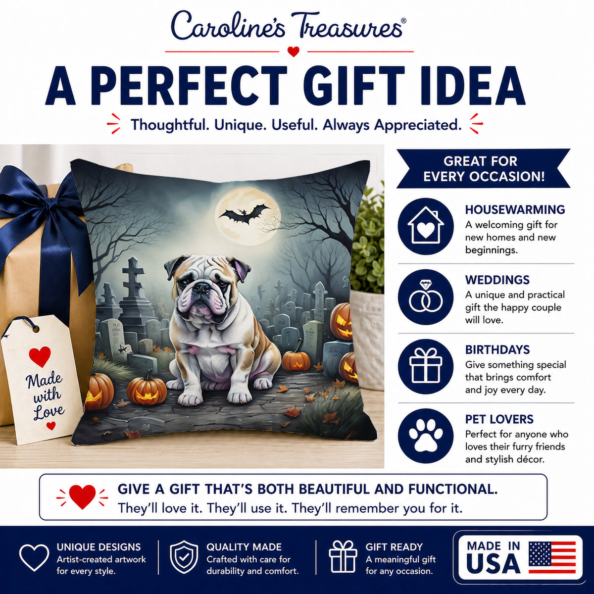 Caroline's Treasures DAC2040PW1414 English Bulldog Spooky Halloween Fabric Decorative Pillow Machine Washable, Indoor Outdoor Decorative Pillow for Couch, Bed or Patio, 14Hx14W