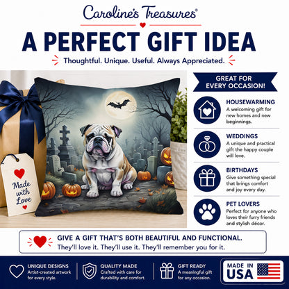 Caroline's Treasures DAC2040PW1414 English Bulldog Spooky Halloween Fabric Decorative Pillow Machine Washable, Indoor Outdoor Decorative Pillow for Couch, Bed or Patio, 14Hx14W