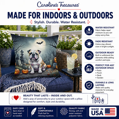 Caroline's Treasures DAC2040PW1414 English Bulldog Spooky Halloween Fabric Decorative Pillow Machine Washable, Indoor Outdoor Decorative Pillow for Couch, Bed or Patio, 14Hx14W