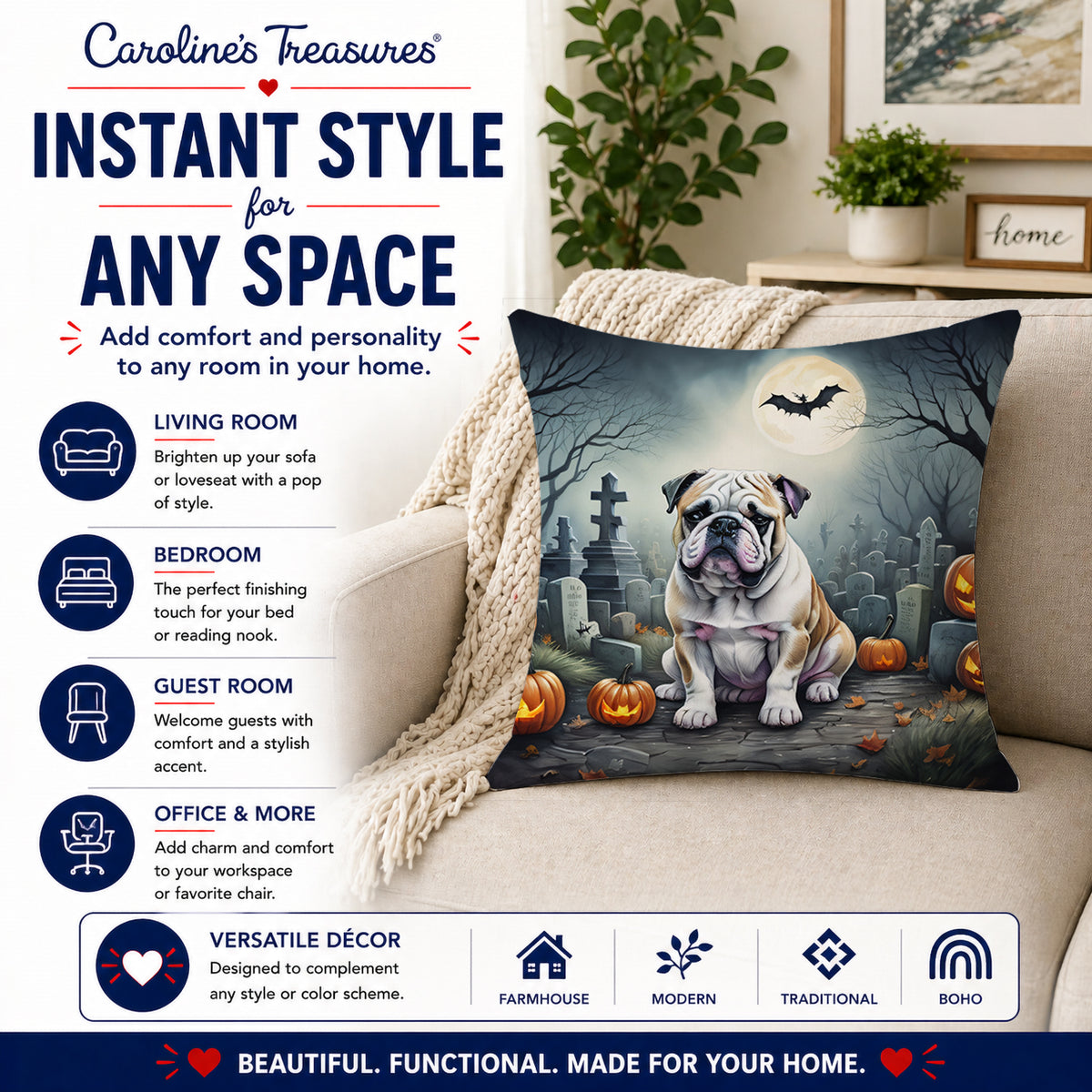 Caroline's Treasures DAC2040PW1818 English Bulldog Spooky Halloween Fabric Decorative Pillow Machine Washable, Indoor Outdoor Decorative Pillow for Couch, Bed or Patio, 18Hx18W
