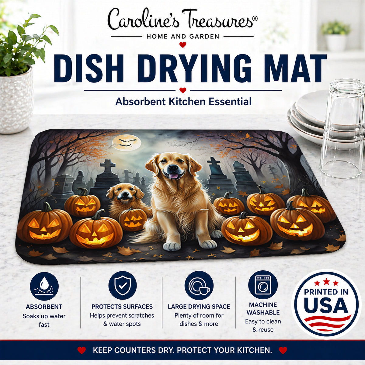 Caroline's Treasures DAC2041DDM Golden Retriever Spooky Halloween Dish Drying Mat Absorbent Dish Drying Mat Pad for Kitchen Counter Dish Drainer Mat for Countertop, 14 x 21, Multicolor