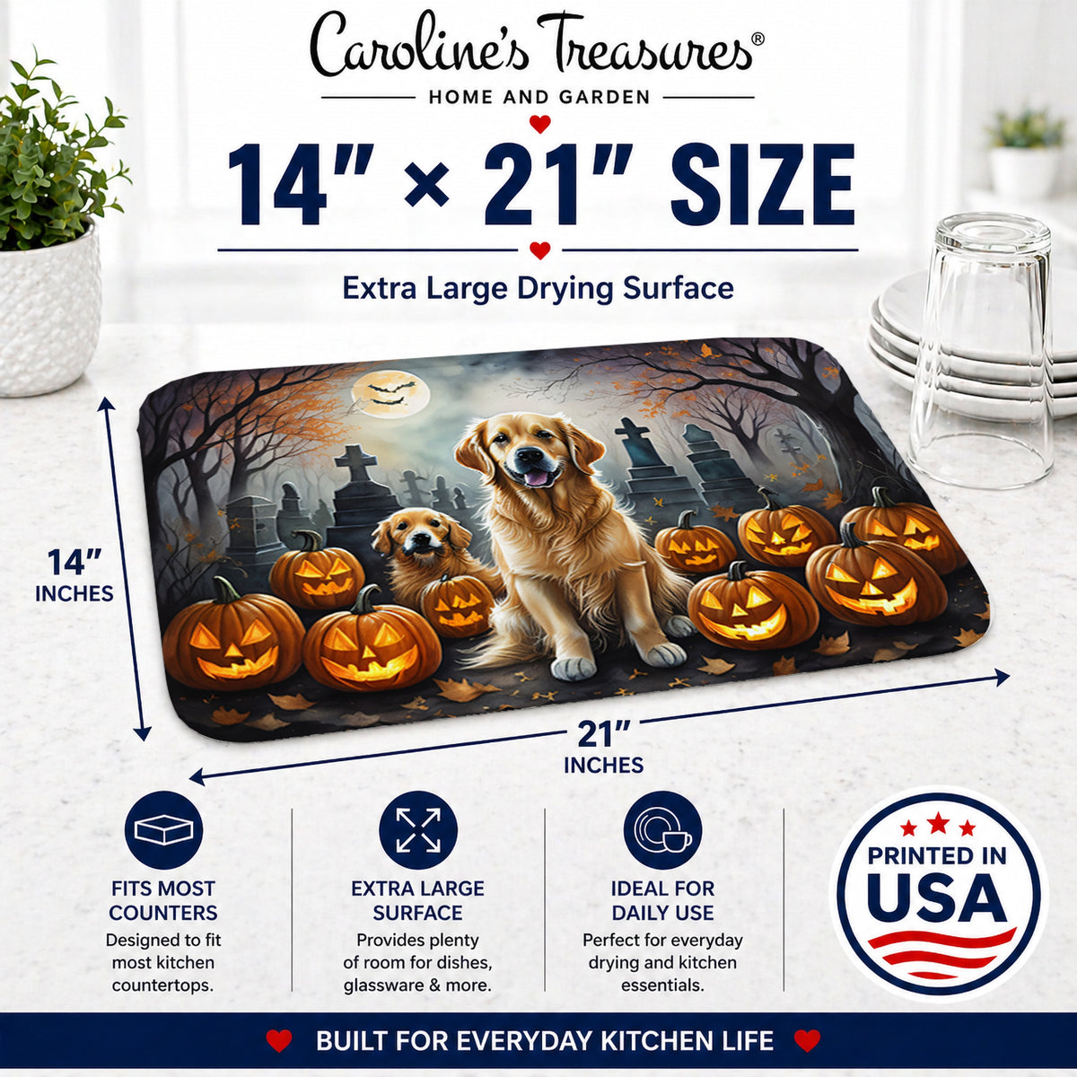 Caroline's Treasures DAC2041DDM Golden Retriever Spooky Halloween Dish Drying Mat Absorbent Dish Drying Mat Pad for Kitchen Counter Dish Drainer Mat for Countertop, 14 x 21, Multicolor