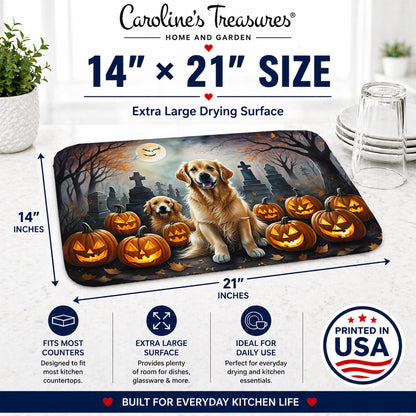 Caroline's Treasures DAC2041DDM Golden Retriever Spooky Halloween Dish Drying Mat Absorbent Dish Drying Mat Pad for Kitchen Counter Dish Drainer Mat for Countertop, 14 x 21, Multicolor