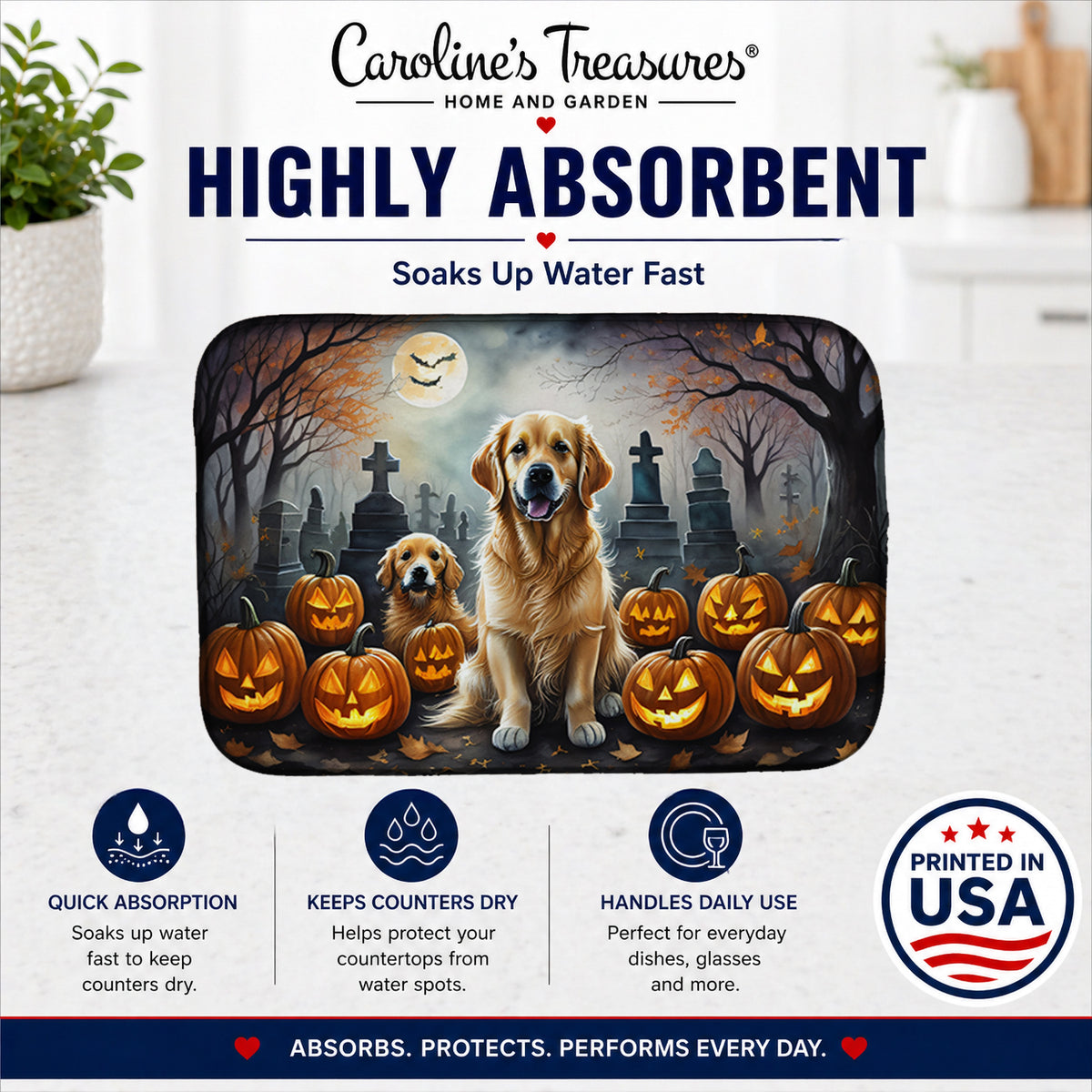 Caroline's Treasures DAC2041DDM Golden Retriever Spooky Halloween Dish Drying Mat Absorbent Dish Drying Mat Pad for Kitchen Counter Dish Drainer Mat for Countertop, 14 x 21, Multicolor