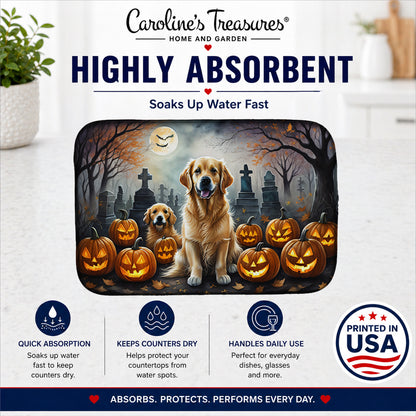 Caroline's Treasures DAC2041DDM Golden Retriever Spooky Halloween Dish Drying Mat Absorbent Dish Drying Mat Pad for Kitchen Counter Dish Drainer Mat for Countertop, 14 x 21, Multicolor