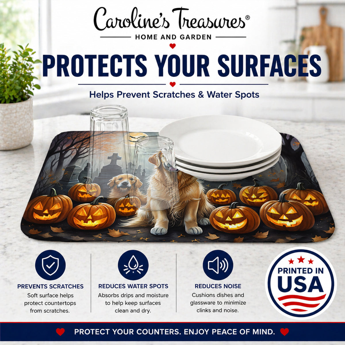 Caroline's Treasures DAC2041DDM Golden Retriever Spooky Halloween Dish Drying Mat Absorbent Dish Drying Mat Pad for Kitchen Counter Dish Drainer Mat for Countertop, 14 x 21, Multicolor