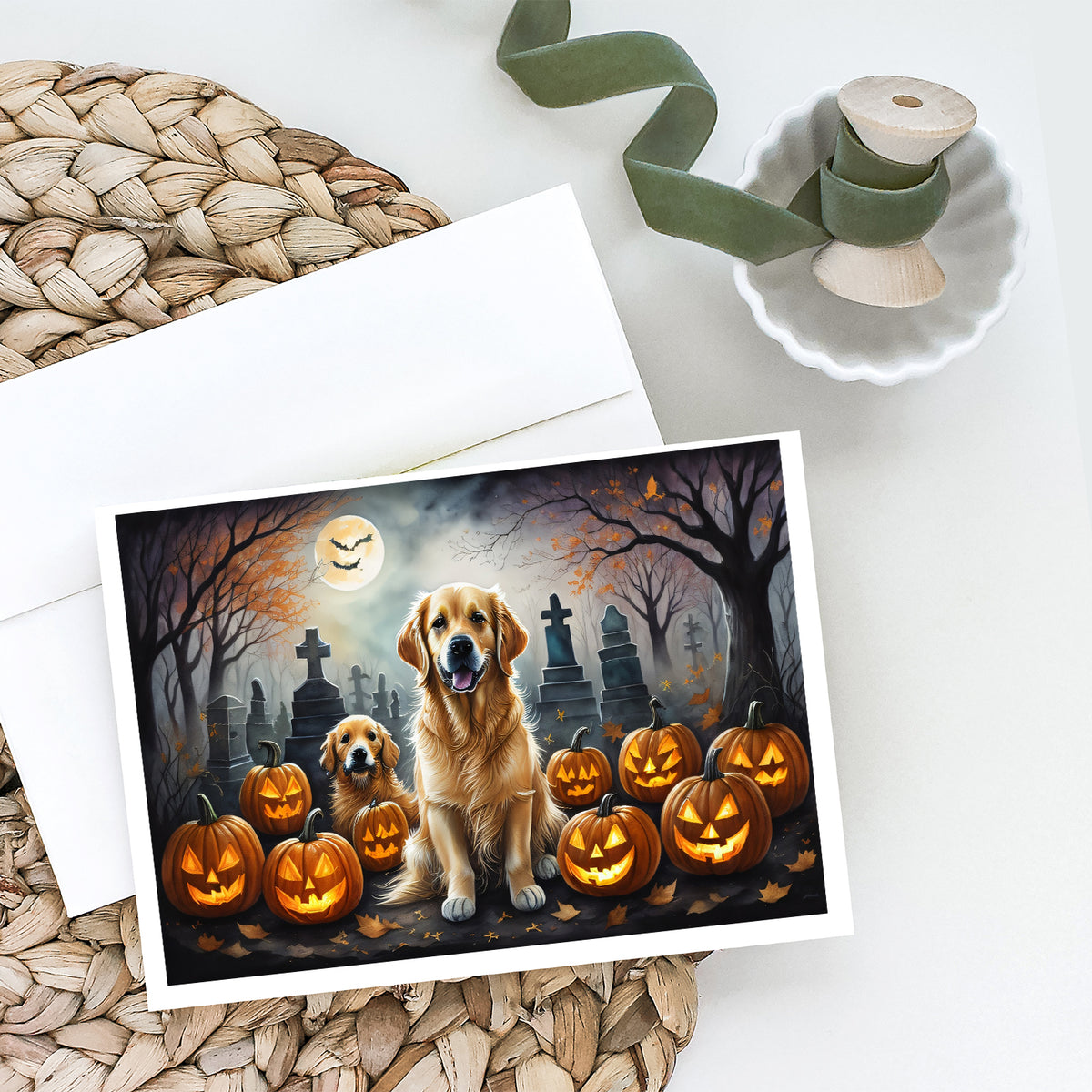 Caroline's Treasures DAC2041GCA7P Golden Retriever Spooky Halloween Greeting Cards and Envelopes Pack of 8 Blank Cards with Envelopes Whimsical A7 Size 5x7 Blank Greeting Cards