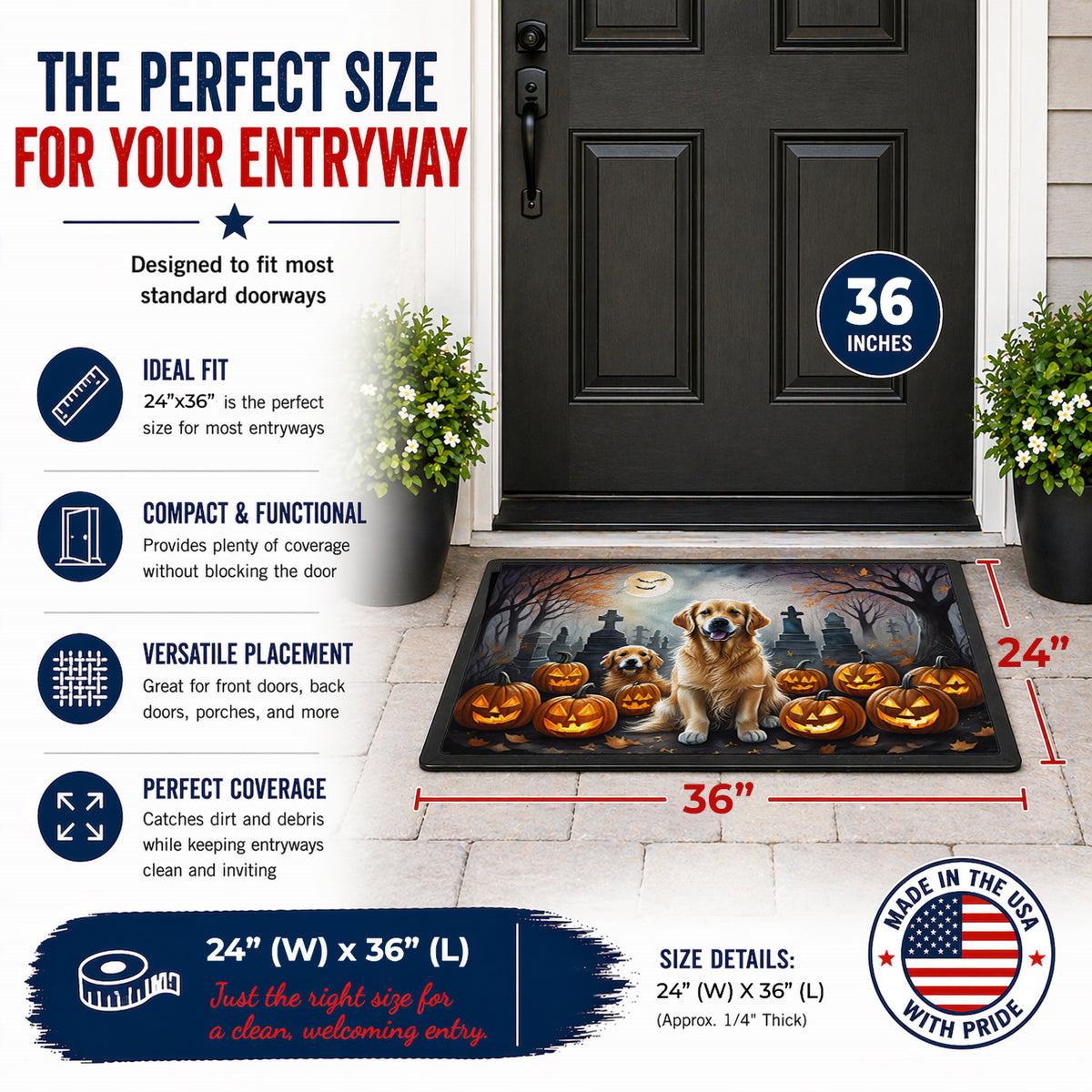 Caroline's Treasures DAC2041JMAT Golden Retriever Spooky Halloween Indoor or Outdoor Mat 24x36 Front Door Mat Indoor Outdoor Rugs for Entryway, Non Slip Washable Low Pile, 24H X 36W