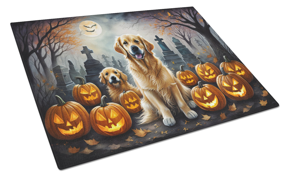 Caroline's Treasures DAC2041LCB Golden Retriever Spooky Halloween Glass Cutting Board Large Decorative Tempered Glass Kitchen Cutting and Serving Board Large Size Chopping Board