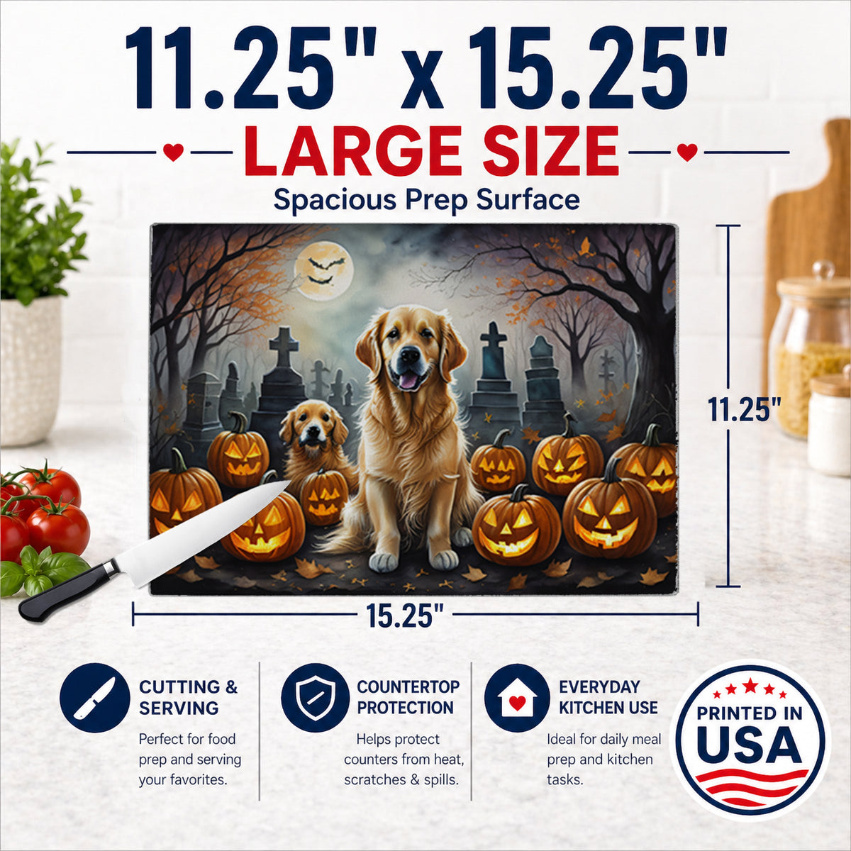 Caroline's Treasures DAC2041LCB Golden Retriever Spooky Halloween Glass Cutting Board Large Decorative Tempered Glass Kitchen Cutting and Serving Board Large Size Chopping Board