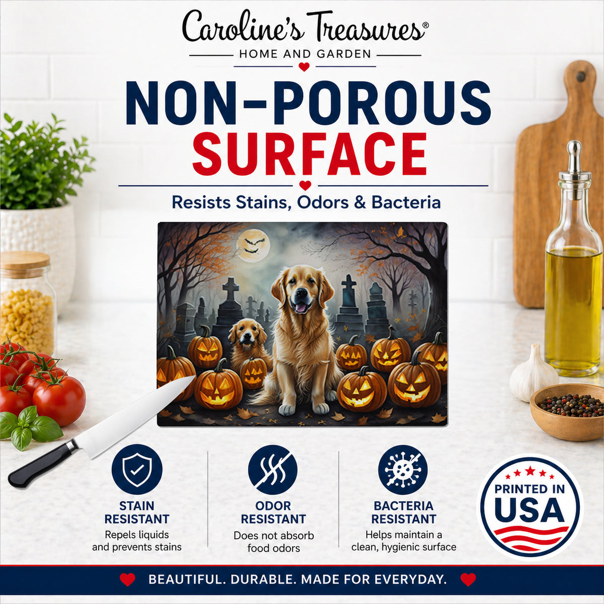 Caroline's Treasures DAC2041LCB Golden Retriever Spooky Halloween Glass Cutting Board Large Decorative Tempered Glass Kitchen Cutting and Serving Board Large Size Chopping Board