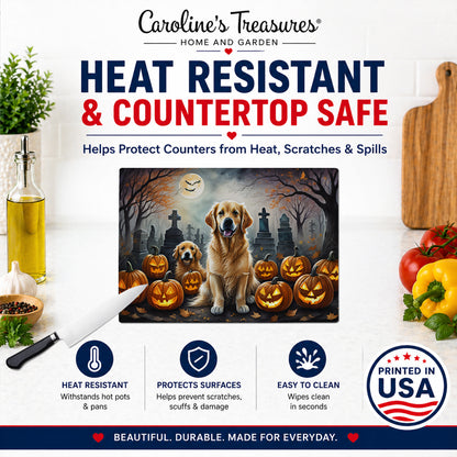 Caroline's Treasures DAC2041LCB Golden Retriever Spooky Halloween Glass Cutting Board Large Decorative Tempered Glass Kitchen Cutting and Serving Board Large Size Chopping Board