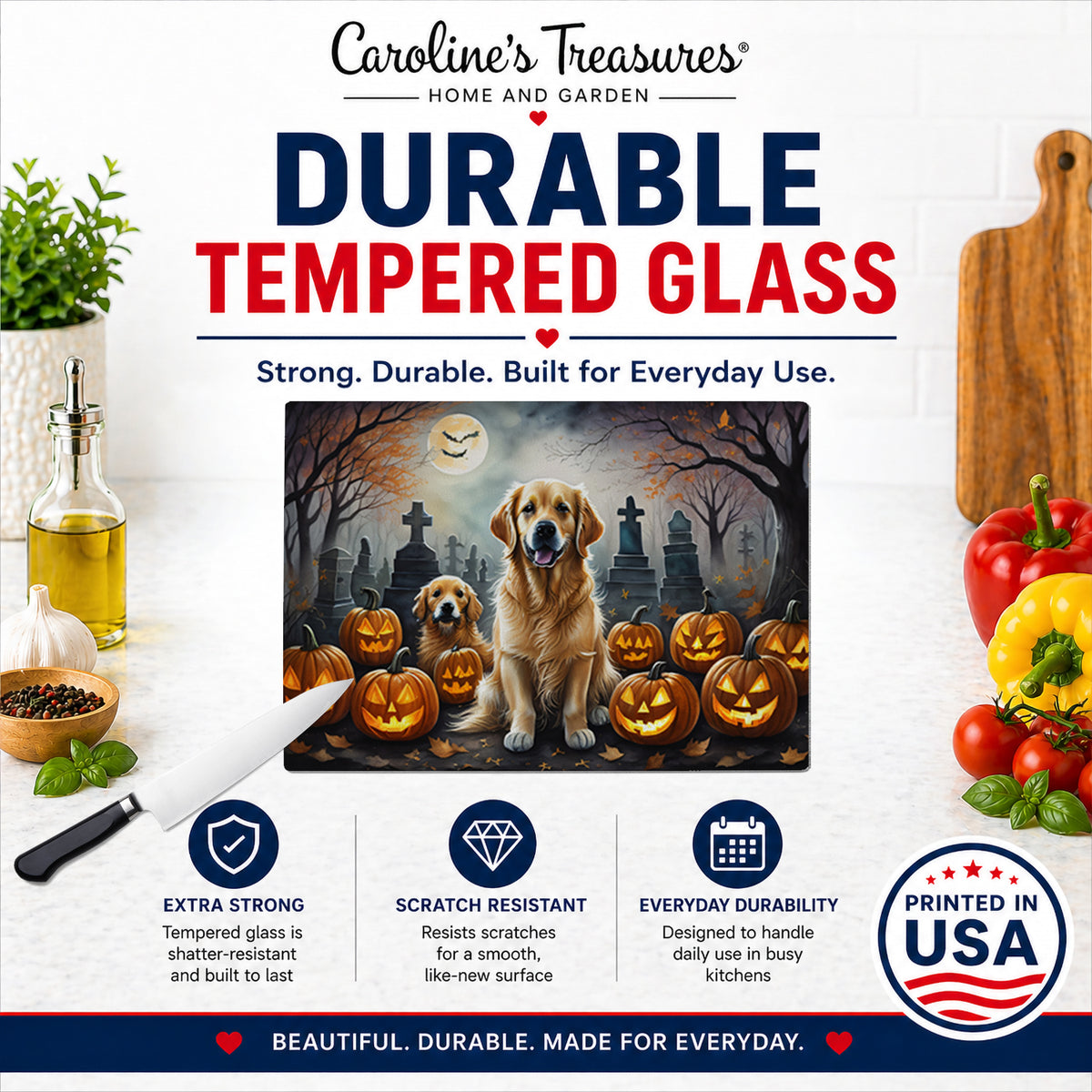 Caroline's Treasures DAC2041LCB Golden Retriever Spooky Halloween Glass Cutting Board Large Decorative Tempered Glass Kitchen Cutting and Serving Board Large Size Chopping Board