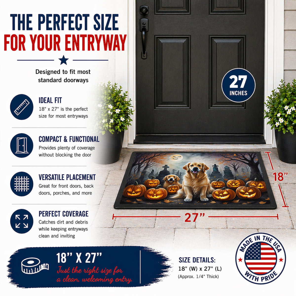 Caroline's Treasures DAC2041MAT Golden Retriever Spooky Halloween Doormat 18x27 Front Door Mat Indoor Outdoor Rugs for Entryway, Non Slip Washable Low Pile, 18H X 27W