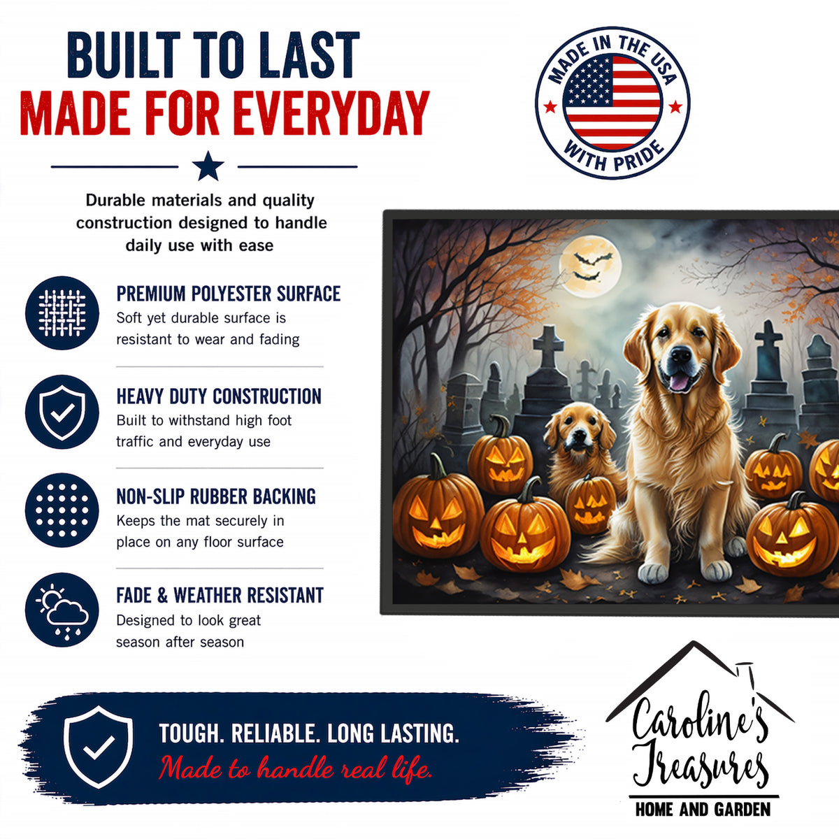 Caroline's Treasures DAC2041MAT Golden Retriever Spooky Halloween Doormat 18x27 Front Door Mat Indoor Outdoor Rugs for Entryway, Non Slip Washable Low Pile, 18H X 27W