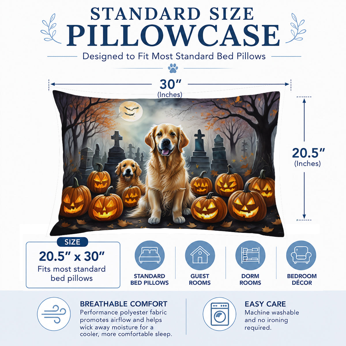 Caroline's Treasures DAC2041PILLOWCASE Golden Retriever Spooky Halloween Fabric Standard Pillowcase Lightweight Super Soft Easy Care Decorative Artwork Pillowcase, Standard