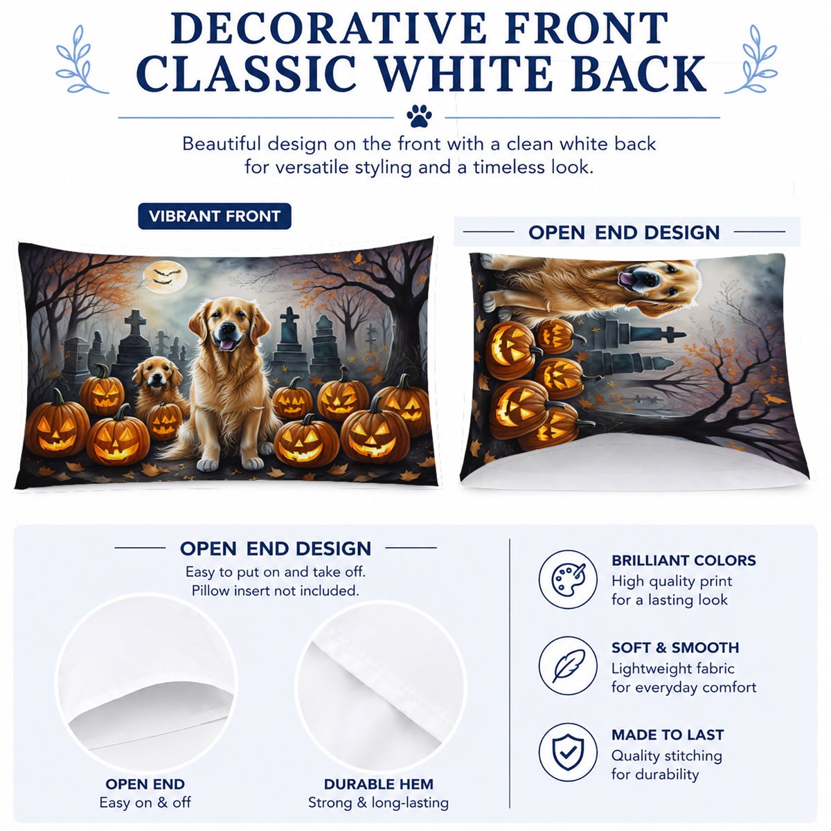 Caroline's Treasures DAC2041PILLOWCASE Golden Retriever Spooky Halloween Fabric Standard Pillowcase Lightweight Super Soft Easy Care Decorative Artwork Pillowcase, Standard