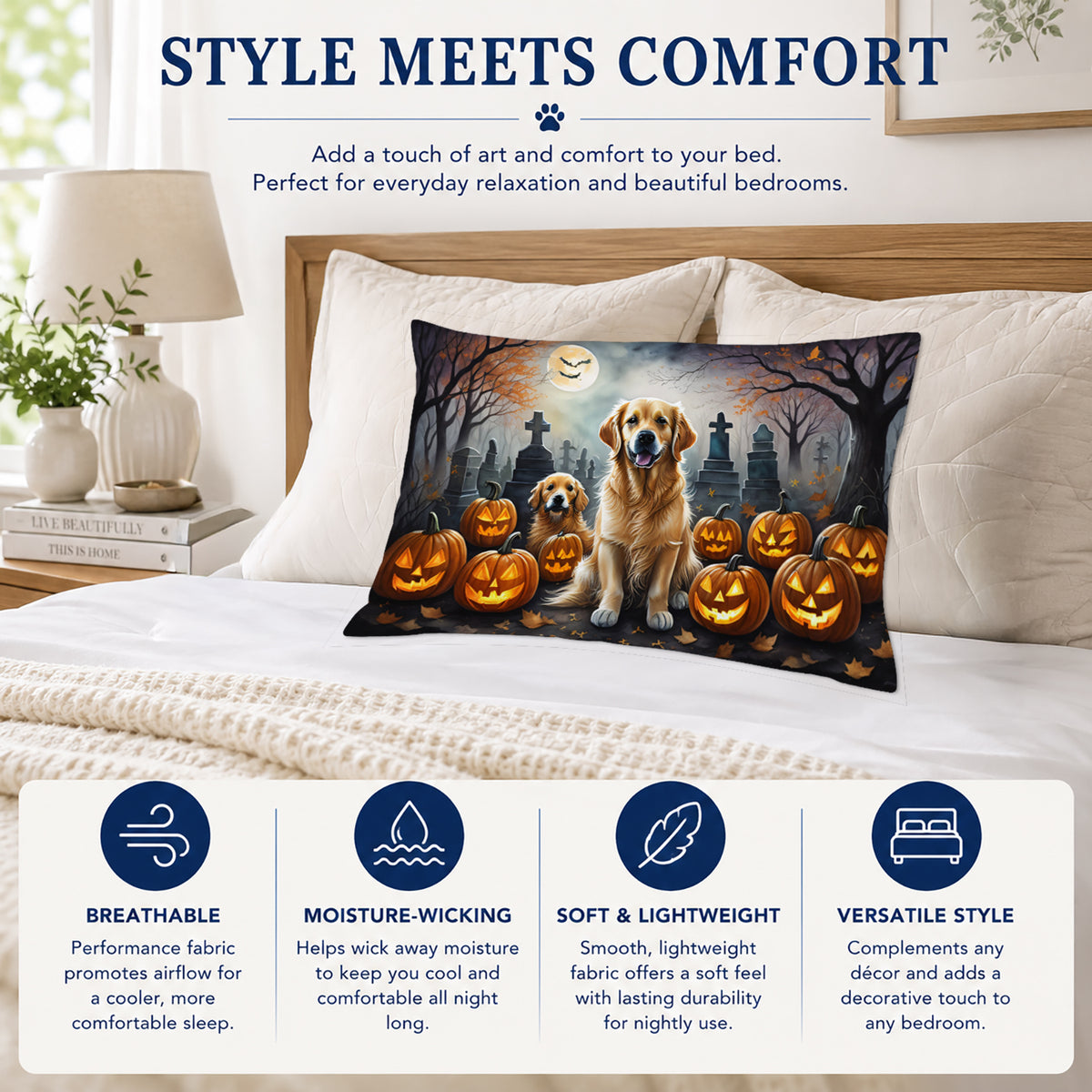 Caroline's Treasures DAC2041PILLOWCASE Golden Retriever Spooky Halloween Fabric Standard Pillowcase Lightweight Super Soft Easy Care Decorative Artwork Pillowcase, Standard