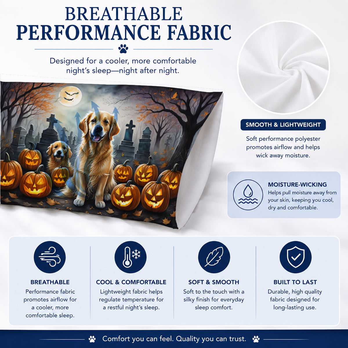 Caroline's Treasures DAC2041PILLOWCASE Golden Retriever Spooky Halloween Fabric Standard Pillowcase Lightweight Super Soft Easy Care Decorative Artwork Pillowcase, Standard